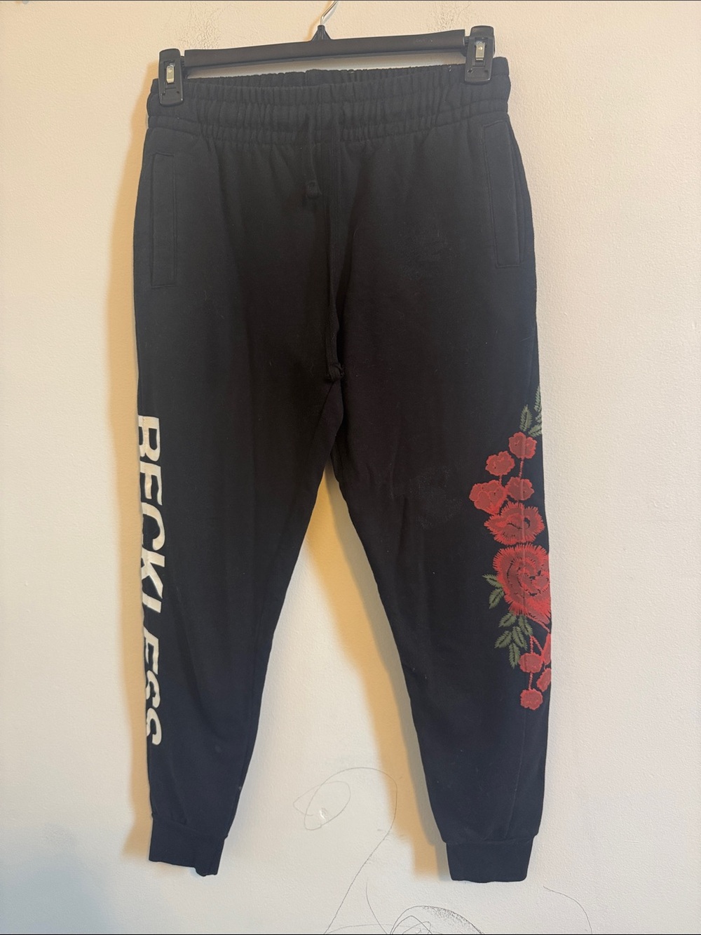 Young & Reckless Black Joggers with Red Floral Embroidery